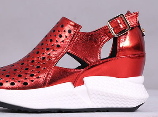 Wedge Pumps High Heels Metallic Sandals Red Patent Platform Shoes Women Genuine Leather Casual Creepers Harajuku Silver Round - LiveTrendsX