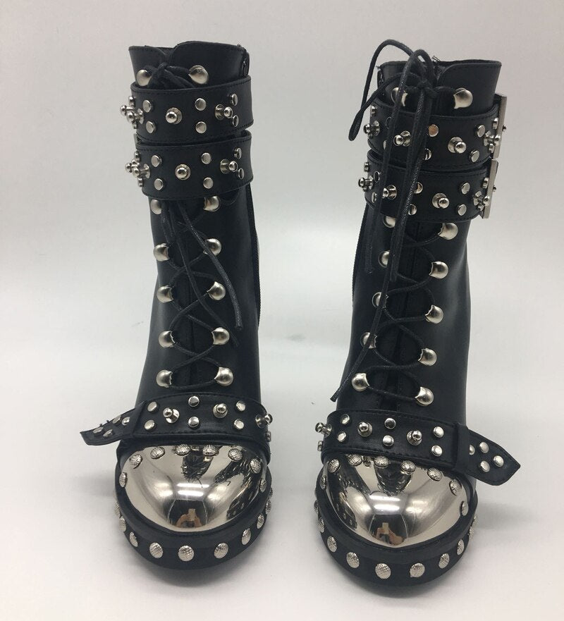 Cool Punk Metal Toe Chunky High-heel Boots Metallic Platform Boots Shoes Female Winter Autumn Studs Riding Boots Genuine Leather - LiveTrendsX