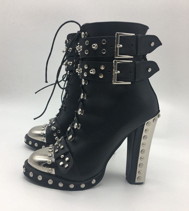 Cool Punk Metal Toe Chunky High-heel Boots Metallic Platform Boots Shoes Female Winter Autumn Studs Riding Boots Genuine Leather - LiveTrendsX