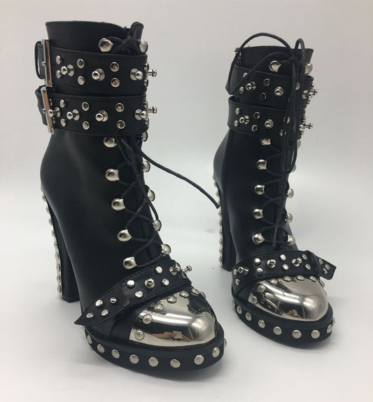 Cool Punk Metal Toe Chunky High-heel Boots Metallic Platform Boots Shoes Female Winter Autumn Studs Riding Boots Genuine Leather - LiveTrendsX
