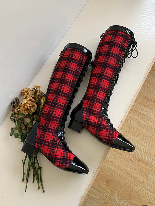 Shoes Woman Ladies Boots Square Toe Zapatos De Mujer Lace Up Bottes Femme Mixed Colors Stitching Boots Knee High Boots - LiveTrendsX