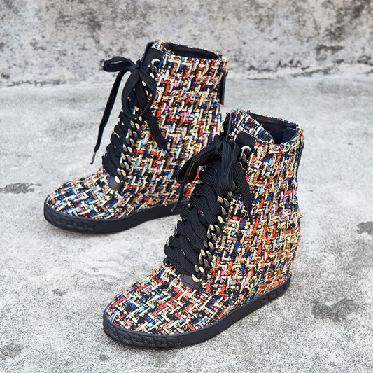 Wedge High Heel Boots Women Mixed Colored Woolen Fabric Leather Lace Up Platform Ankle Boots Women Motorcycle Boots Zipper Boots - LiveTrendsX