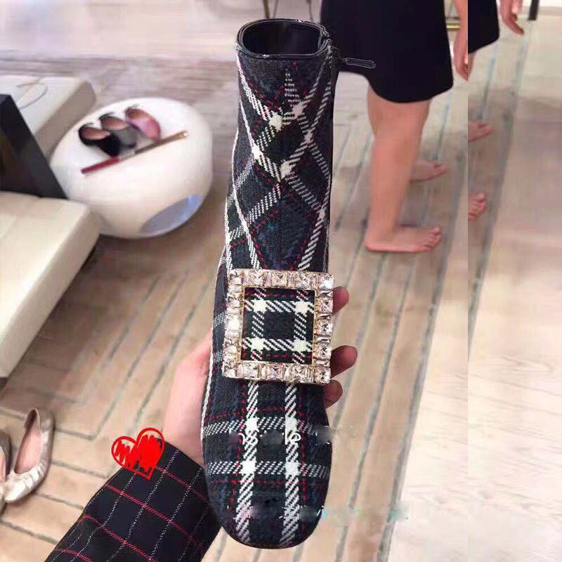 Plaid Crystal Buckle Women Ankle Boots Block High Heels Women Shoes Pumps Winter Botines Mujer - LiveTrendsX