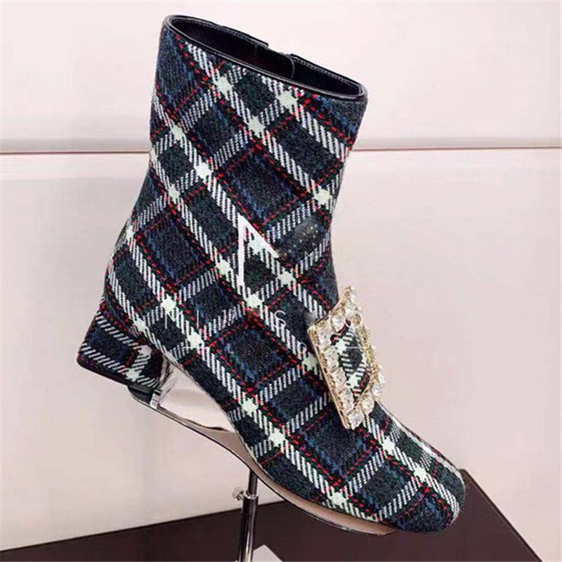 Plaid Crystal Buckle Women Ankle Boots Block High Heels Women Shoes Pumps Winter Botines Mujer - LiveTrendsX