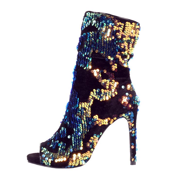 Sexy Colorful Sequins Peep Toe Socks Boots Shoes Side Zipper Bling Bling Paillette Stiletto Boots Real Photo Ankle Bootie - LiveTrendsX