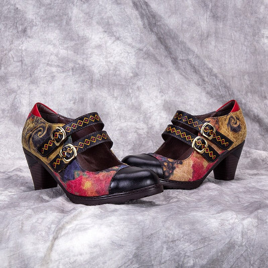 Pumps Women Shoes Genuine Leather High Heels 2020 New Retro Round Toe Casual Buckle Strap Platform Ladies Shoes - LiveTrendsX