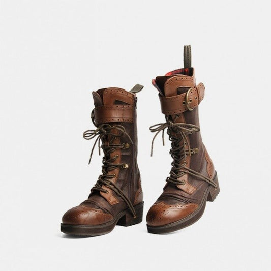 Vintage British Brogue Motorcycle Boots Women Genuine Leather Lace Up Boots Designer Buckle Strap Platform Botas Mujer - LiveTrendsX