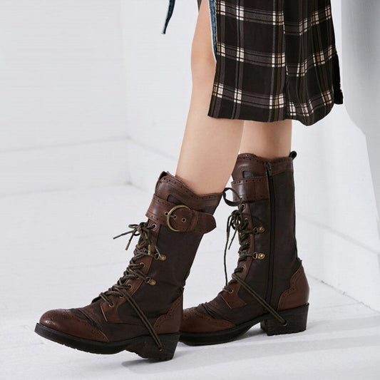Vintage British Brogue Motorcycle Boots Women Genuine Leather Lace Up Boots Designer Buckle Strap Platform Botas Mujer - LiveTrendsX