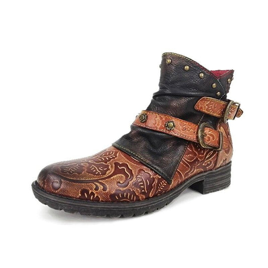 Retro Pattern Printed Handmade Genuine Leather Zipper Comfortable Boots Low Heel - LiveTrendsX