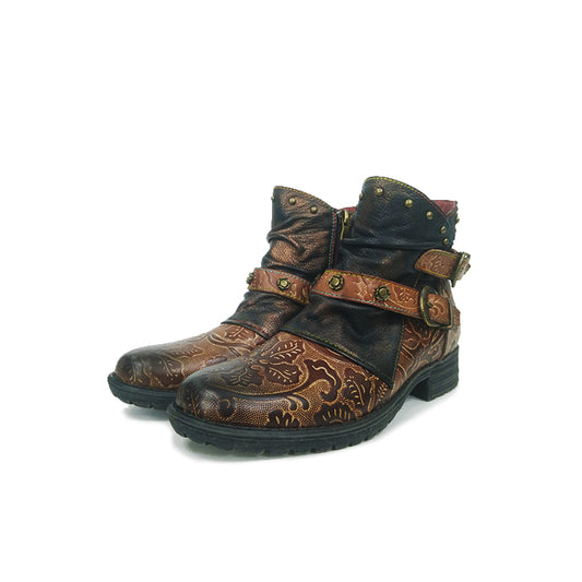 Retro Pattern Printed Handmade Genuine Leather Zipper Comfortable Boots Low Heel - LiveTrendsX