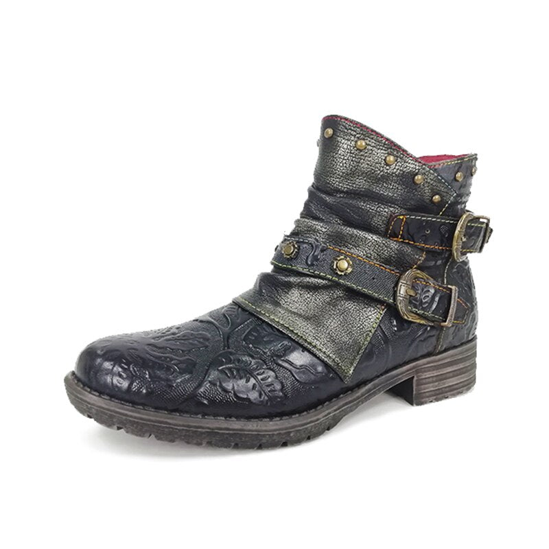 Retro Pattern Printed Handmade Genuine Leather Zipper Comfortable Boots Low Heel - LiveTrendsX