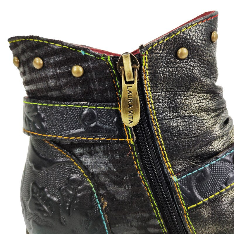 Retro Pattern Printed Handmade Genuine Leather Zipper Comfortable Boots Low Heel - LiveTrendsX
