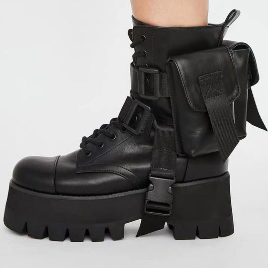 Design 2020 New Arrival Pocket Motorcycle Women's Boots Handsome Lace Up Thick-soled Black Military Shoes Half Boots - LiveTrendsX