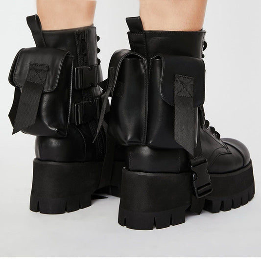 Design 2020 New Arrival Pocket Motorcycle Women's Boots Handsome Lace Up Thick-soled Black Military Shoes Half Boots - LiveTrendsX