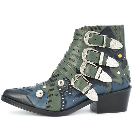 Spring Women Multi-color Leather Patchwork Metal Buckle Ankle Boots Rivets Studs Chunky Heels Motorcycle Boots Ladies Zapatos - LiveTrendsX