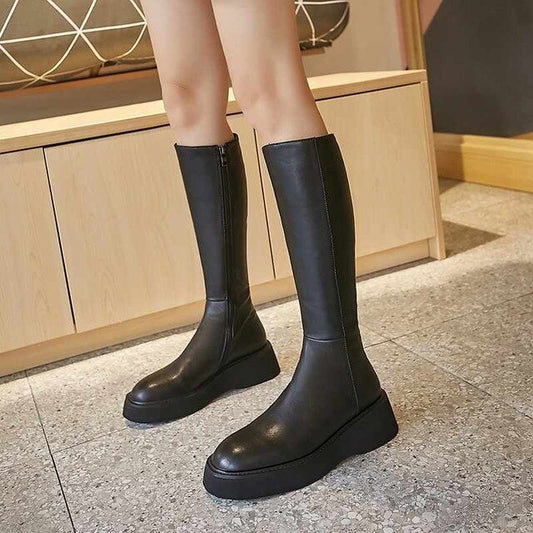 simple style solid brand basic cow leather boots round toe side zipper winter keep warm women thigh high boots - LiveTrendsX