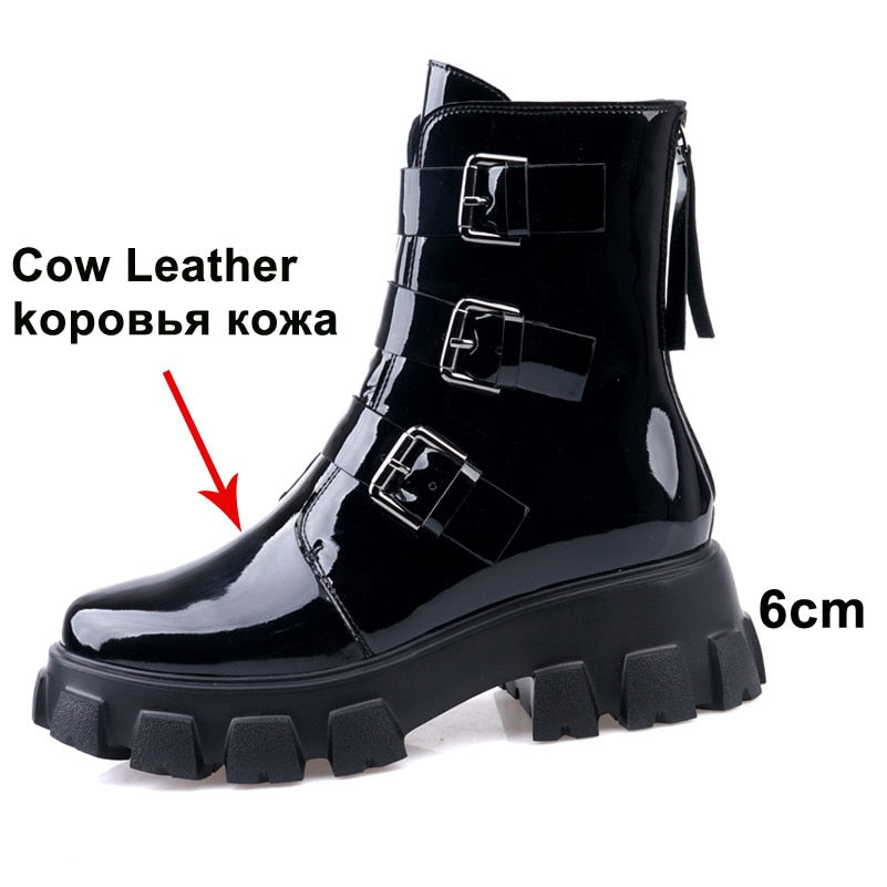 Winter Motorcycle Boots Women Natural Genuine Leather Buckle Thick High Heel Ankle Boots Zip Round Toe Shoes Lady 34-40 - LiveTrendsX