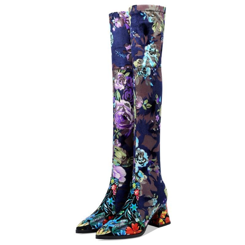 new genuine leather Elastic material high quality women boots floral girls long boots Autumn Winter fashion boots - LiveTrendsX