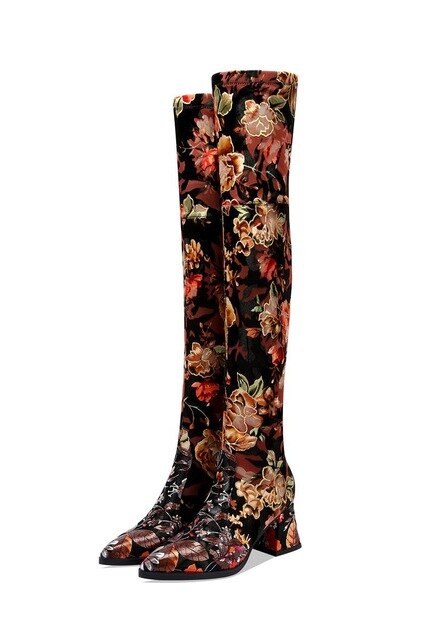 new genuine leather Elastic material high quality women boots floral girls long boots Autumn Winter fashion boots - LiveTrendsX