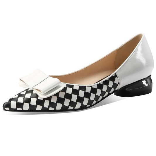 classic plaid pattern genuine leather high heels comfortable low-heeled office women heels pointed toe high heel shoes - LiveTrendsX