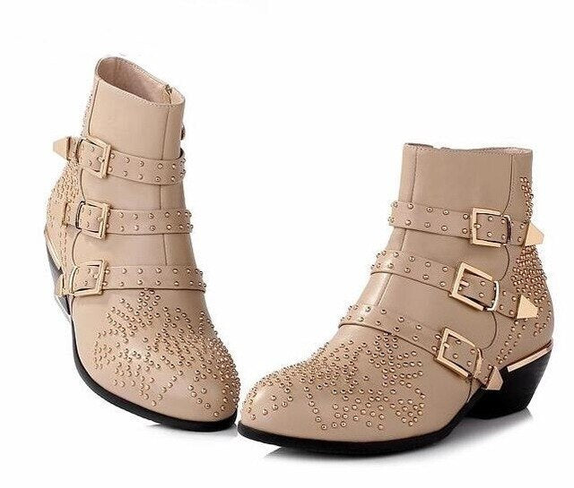 Autumn Winter Ankle Boots for Women Gold Buklce Rivets Decoration Chunkly Heels Studded Boots Round Toe Side Zipper Ladies Shoes - LiveTrendsX