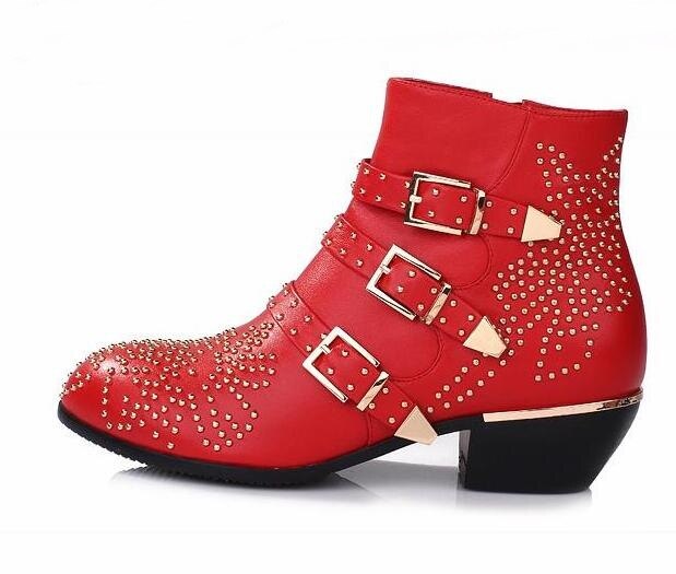 Autumn Winter Ankle Boots for Women Gold Buklce Rivets Decoration Chunkly Heels Studded Boots Round Toe Side Zipper Ladies Shoes - LiveTrendsX