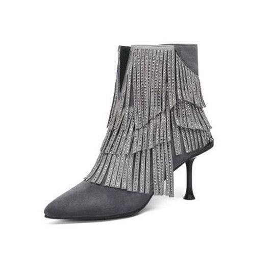 stiletto fringe brand crystal ankle diamond pointed toe shoes high heel suede women boots winter rhinestone gray autumn - LiveTrendsX