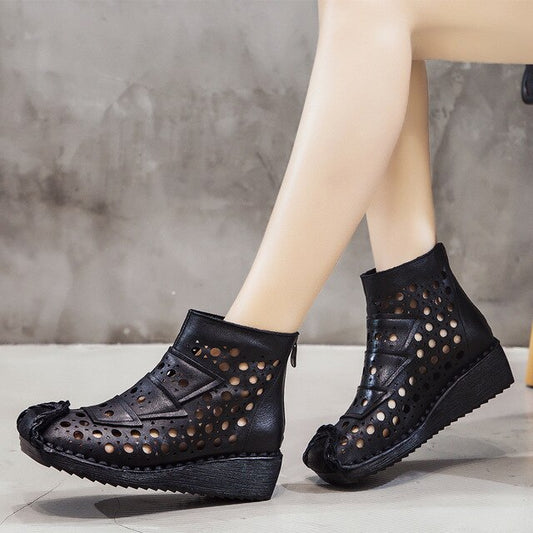 New 100% Natural Full Genuine Leather Boots Hole Shoes Sandals Women Cool Boots Hand-stitched Relro Non-slip Wedges Ankle Boots - LiveTrendsX