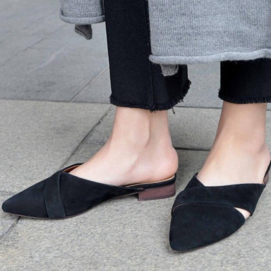 new arrival vacation square heel sandals solid slingback big size mules sweet office lady slipper pointed toe shoes - LiveTrendsX