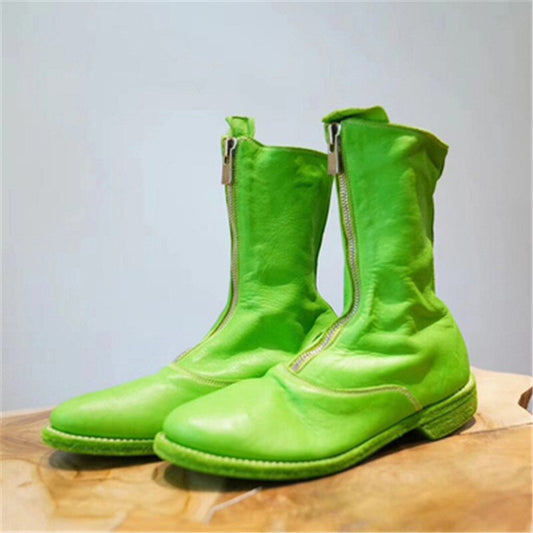Fashion Zipped Boots Fall  Fluorescent Green Soft Leather Round Toe Flat Heel Riding Motorcycle Boots кроссовки женские - LiveTrendsX