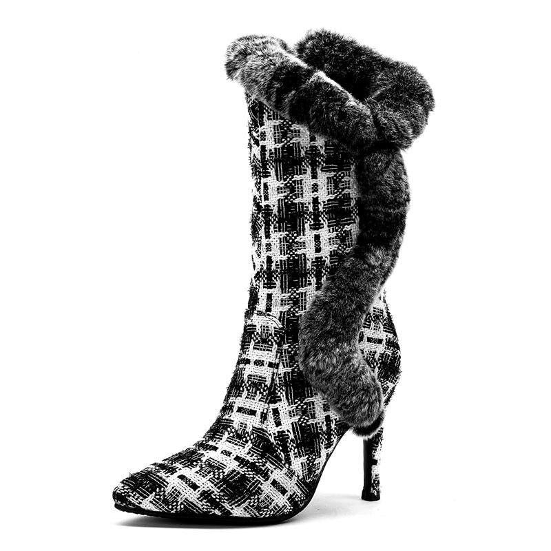Winter Genuine Leather Fur Mid-calf Boots Women Warm Thin Heels Shoes Female Stripe Lattice Rabbit Hair Snow Boots WB1506 - LiveTrendsX