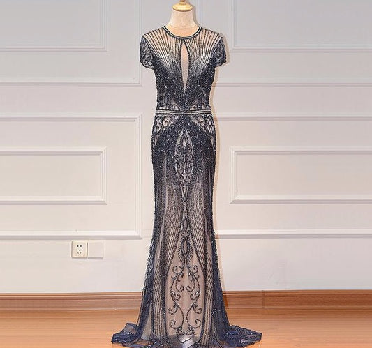 Dubai Long Sleeves Grey Luxury Evening Dresses O-Neck Full Diamond Mermaid Formal Dress 2020 - LiveTrendsX