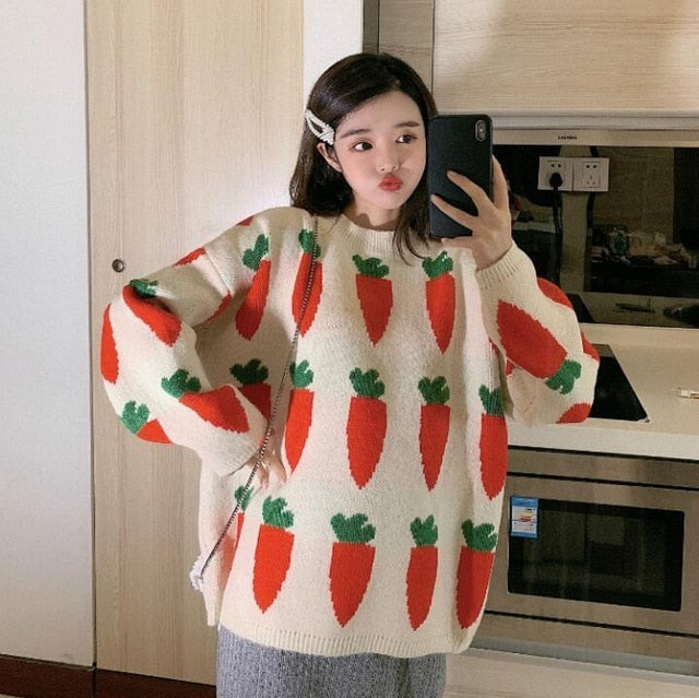 Women's Clothing Cute Kawaii Thicken Loose Carrot Embroidery Sweater Lady Harajuku Ulzzang Sweaters For Women Knitted Sweater - LiveTrendsX
