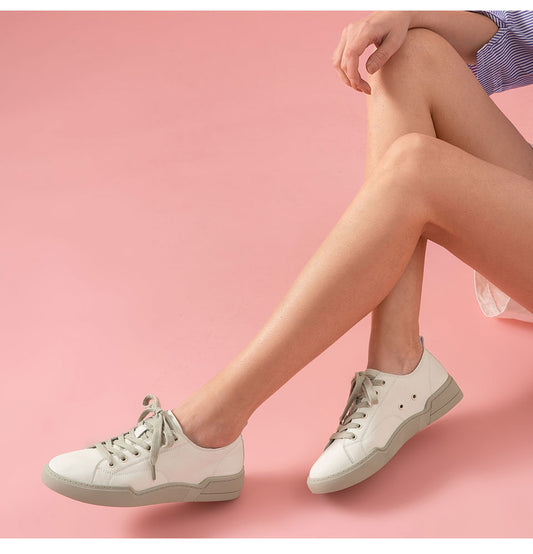 White Sneakers Women Genuine Cow Leather Round Toe Lace-Up Closure Spring Autumn Lady Casual Flat Shoes Handmade - LiveTrendsX