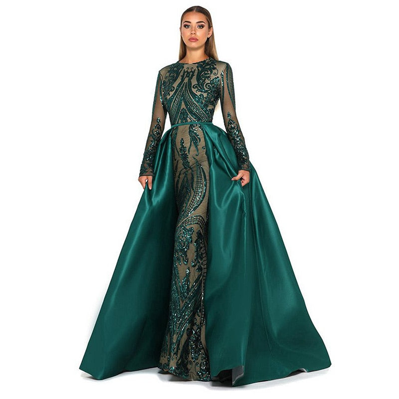 Sparkly Sequin Evening Dress Long Sleeves Detachable Train Saudi Arabic Green Formal  Prom Evening Gown Robe De Soiree 2020 - LiveTrendsX