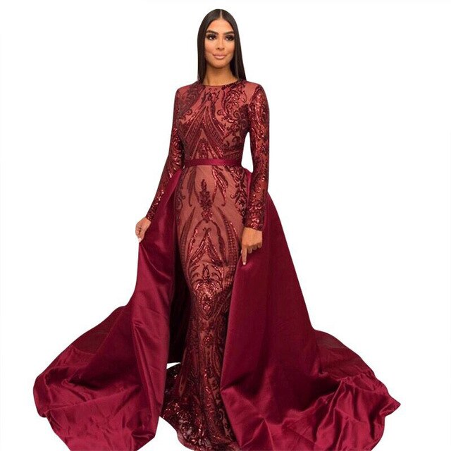 Sparkly Sequin Evening Dress Long Sleeves Detachable Train Saudi Arabic Green Formal  Prom Evening Gown Robe De Soiree 2020 - LiveTrendsX