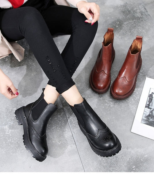Handmade Women Boots 2020 Vintage Genuine Leather Flat Ankle Boots Ladies Autumn Winter Bullock Casual Platform Boots - LiveTrendsX