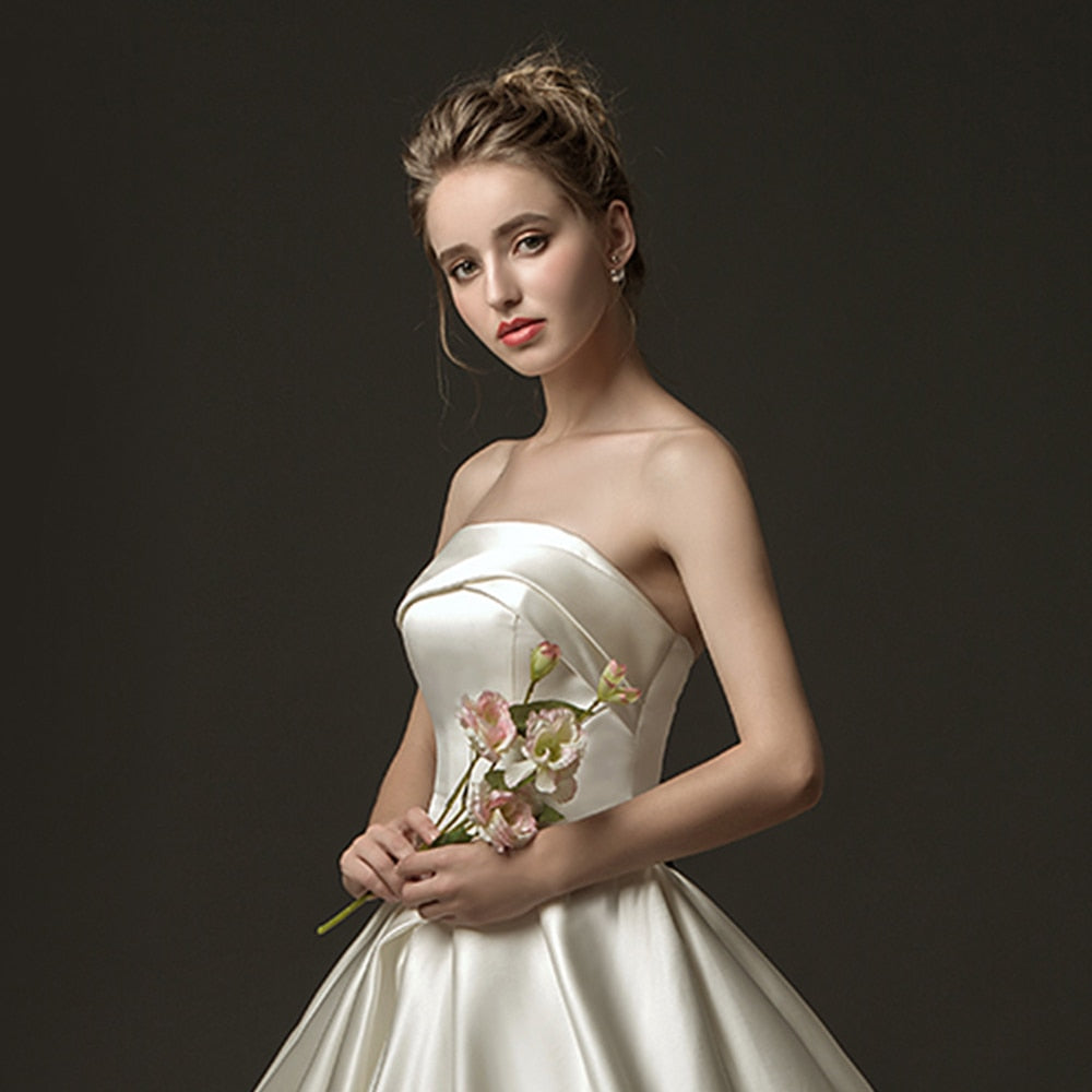 Best France Satin A-line Wedding Dresses  Vestido De Noiva Simples Strapless Lace Up Simple Bridal Gowns Gelinlik - LiveTrendsX