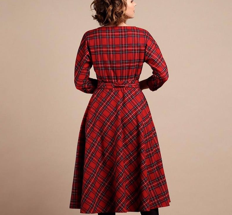 Classic England Style Red Plaid Dress Women Autumn 3/4 Sleeves O-Neck Sashes A-Line Casual Dress Vintage Midi Party Dresses - LiveTrendsX