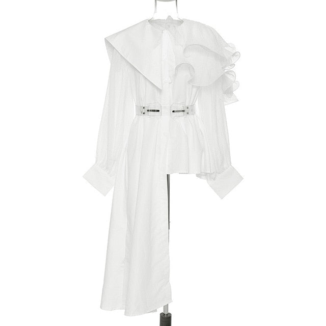 Elegant Asymmetrical Women Dress Irreguar Collar Lantern Long Sleeve High Waist With Sashes Ruffles Dresses Female - LiveTrendsX
