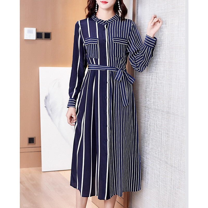 High Quality 100% Silk Dress Women Stripe Print Sashes Long Sleeve Loose Lightweight Fabric Casual Dress New Fashion Style - LiveTrendsX