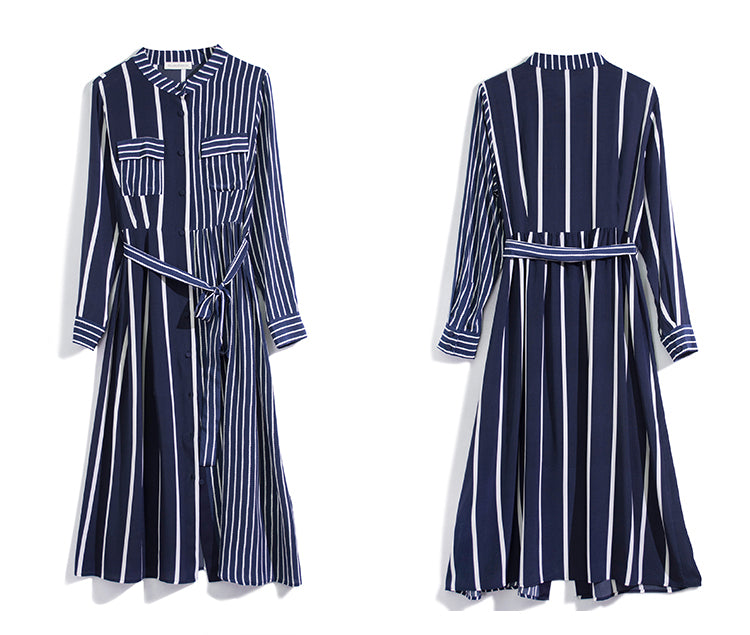 High Quality 100% Silk Dress Women Stripe Print Sashes Long Sleeve Loose Lightweight Fabric Casual Dress New Fashion Style - LiveTrendsX