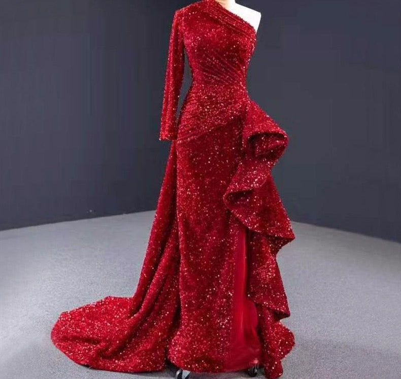 Dubai Luxury One Shoulder Red Evening Dresses 2020 Sequined Sparkle Mermaid Sexy Fromal Dress - LiveTrendsX