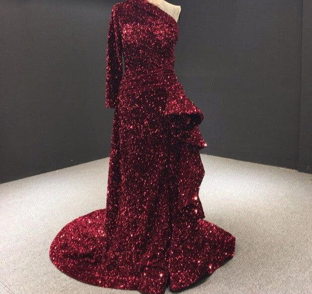 Dubai Luxury One Shoulder Red Evening Dresses 2020 Sequined Sparkle Mermaid Sexy Fromal Dress - LiveTrendsX