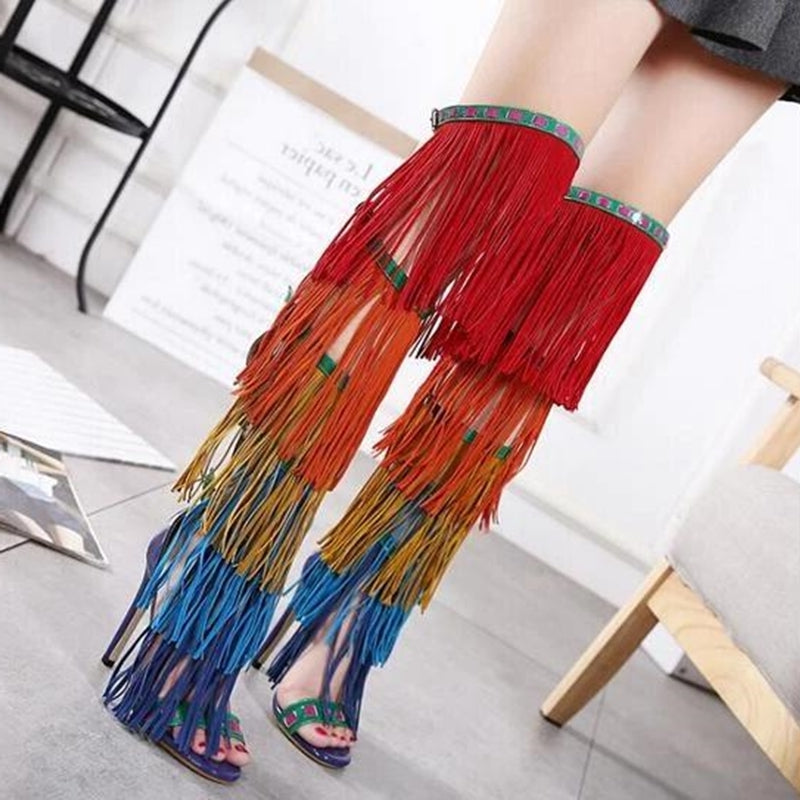 Sexy Rainbow Fringed Boots  Women Over the Knee Open Toe Buckles Side Ladies Back zipper Gladiator Mixed Color High Heel Boots - LiveTrendsX