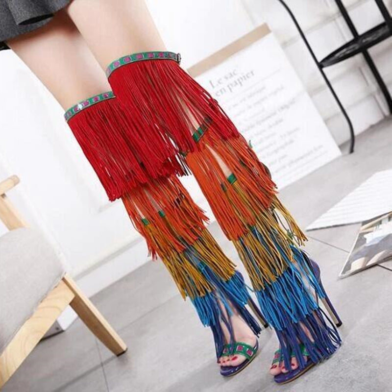 Sexy Rainbow Fringed Boots  Women Over the Knee Open Toe Buckles Side Ladies Back zipper Gladiator Mixed Color High Heel Boots - LiveTrendsX