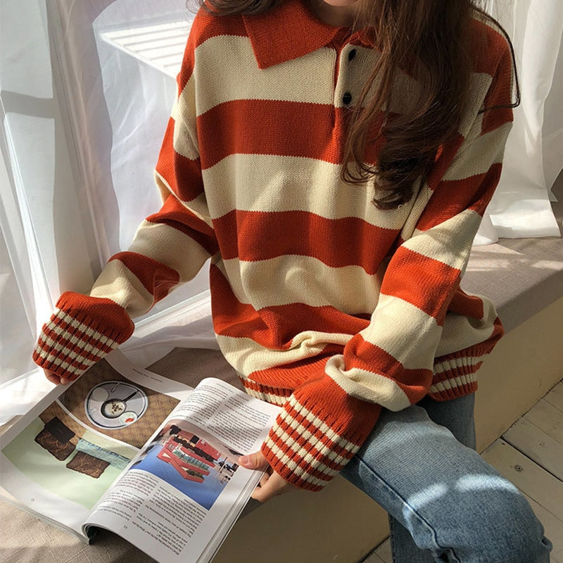 Harajuku Striped Hit Color Women Kintted Sweater Long Sleeve Casual Loose Female Pullover Top  Spring Autumn Female Jumper - LiveTrendsX