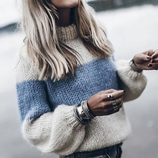 Autumn Winter Women's Loose Knitted Sweater Long Sleeve O-Neck PatchWork Pullover Sweaters For Female  Fashion Warm Clothes - LiveTrendsX