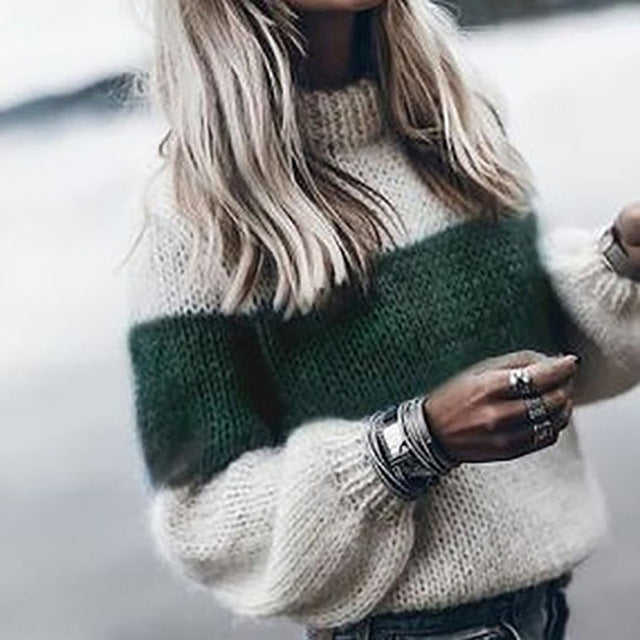 Autumn Winter Women's Loose Knitted Sweater Long Sleeve O-Neck PatchWork Pullover Sweaters For Female  Fashion Warm Clothes - LiveTrendsX