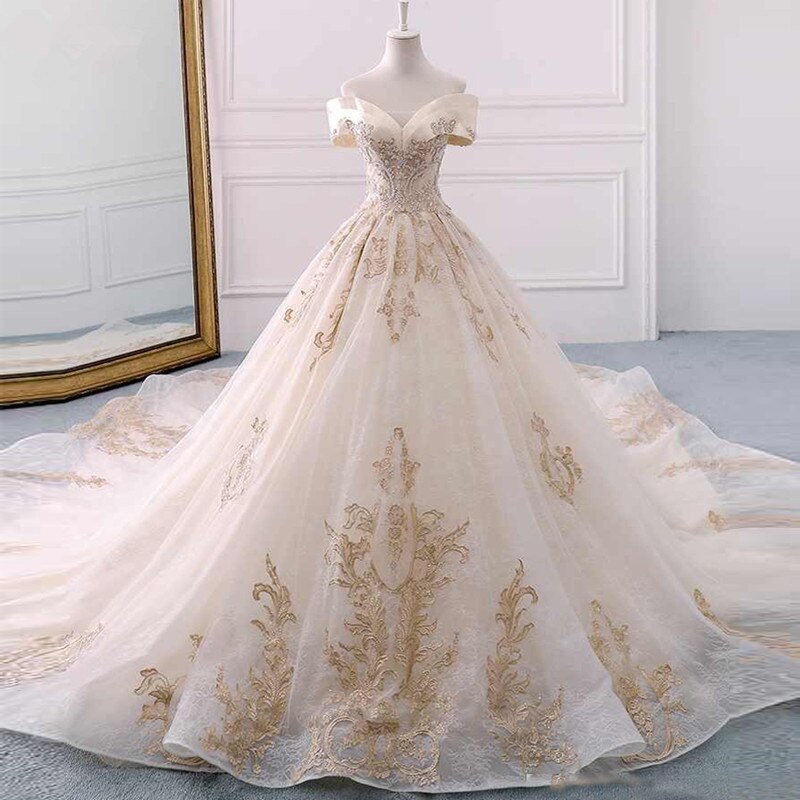 Vintage Off The Shoulder Wedding Dress Gold Lace Appliques Vestido de noiva Back Lace Up Wedding Gowns Luxury Bride Dress Custom - LiveTrendsX